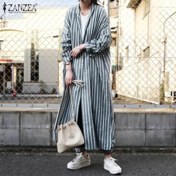 

fashion striped cardigan women autumn long jackets zanzea vintage sleeve open front thin coat casual cotton linen kimono women's, Black;brown