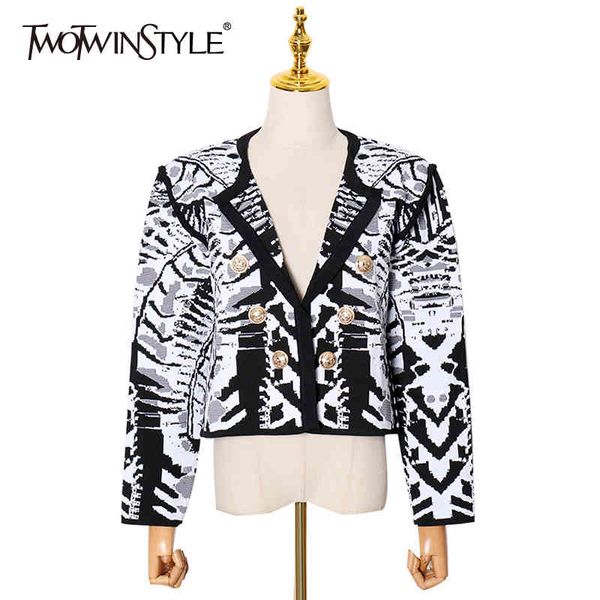 

twotwinstyle casual print short coat for women v neck long sleeve high street jackets female autumn fashion clothing 210517, Black;brown