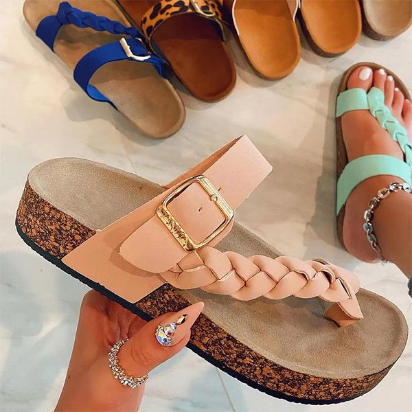 

slippers women buckle flip flops 2021 platform female weave leopard wedges ladies casual slides summer shoes plus size footwear, Black