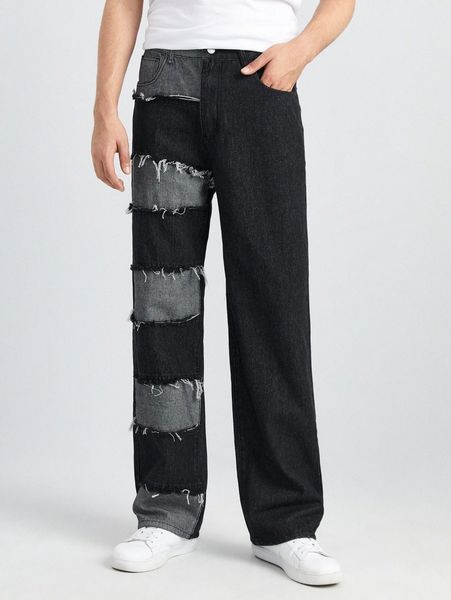 

men high waist colorblock straight leg jeans q1wm#, Blue