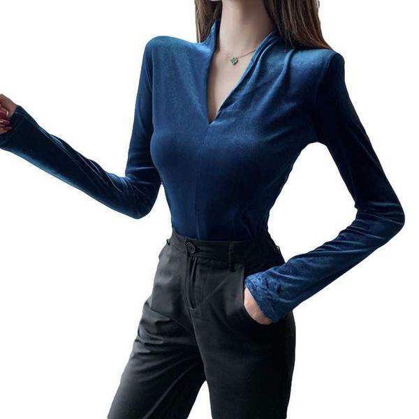 

v neck blouse women fashion temperament gold velvet plus size female shirts spring korean bottoming long sleeve 210601, White