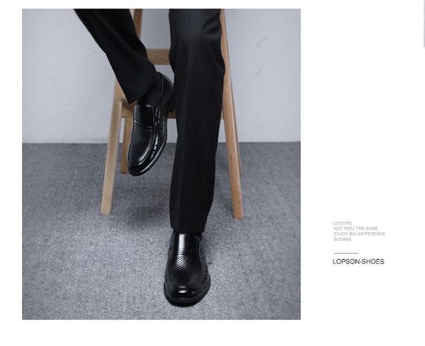 

dress shoes man genuine cut-outs slip-on breathable loafers cow leather for wedding business plus size oxfords round toe summer low pu, Black