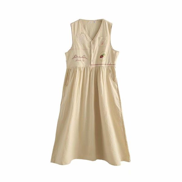 

women tank dress cartoon strawberry embridery a-line dreses sleeveless v-nck mori girl style hight waist knee length casual dresses, Black;gray