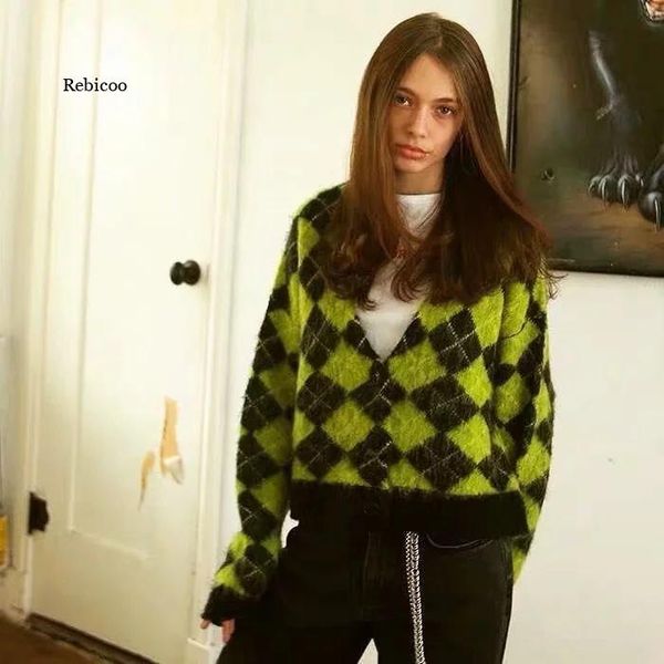 

women's jackets women street green plaid cardigan coat oversized fluffy knitted autumn winter harajuku crop knitwear, Black;brown