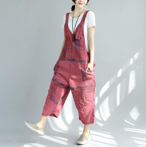 

women's jumpsuits & rompers women casual printed denim nationality style loose distressed washed splice jeans overalls body feminino p5, Black;white