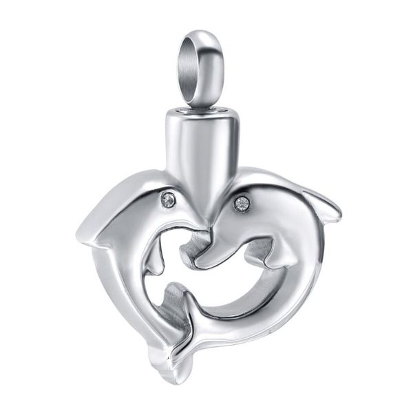 

pendant necklaces cmj8491 kissing dolphin heart memorial with snake chain pet human cremation jewellery ash locket keepsake necklace, Silver