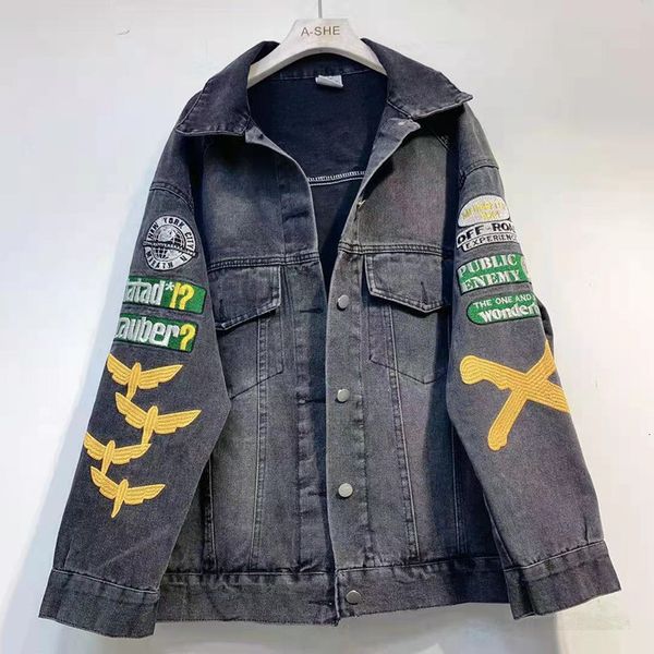 

women's jackets letter of printing embroidered casual woman loose bf denim jacket harajuku jeans overcoat oversize hip hop spring wild, Black;brown