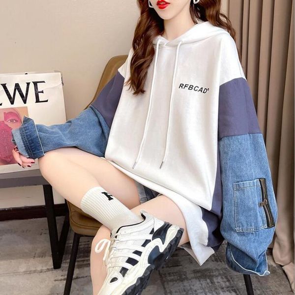 

women's hoodies & sweatshirts pacthwork denim asymmtrical sweatshirt for female casual cartoon cape double-layer jacket student loose d, Black