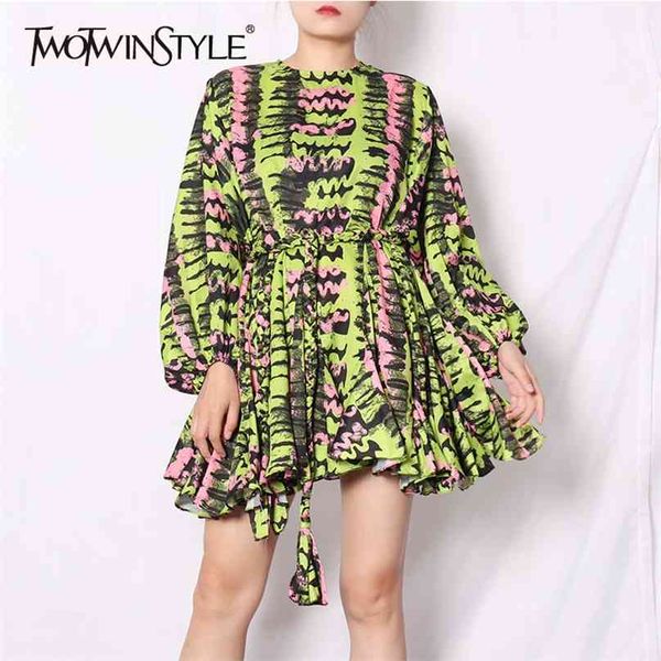 

elegant print dresses female o neck lantern sleeve high wiast lace up pleated hem mini hit color dress women 210520, Black;gray