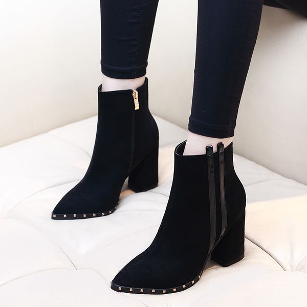 

boots fashion women comfortable zip ankle ladies pumps flock square high heels pointed toe rivet shoes g0113 xafc, Black