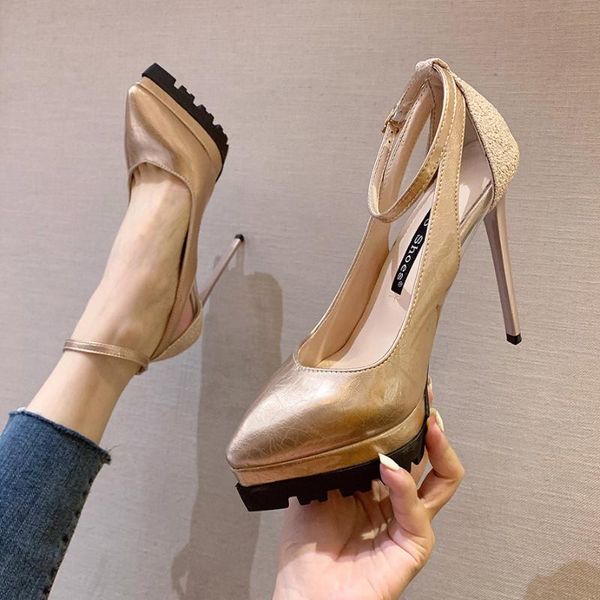 

dress shoes fashion pointed shallow mouth high heels straight belt women's single waterproof platform buckle, Black