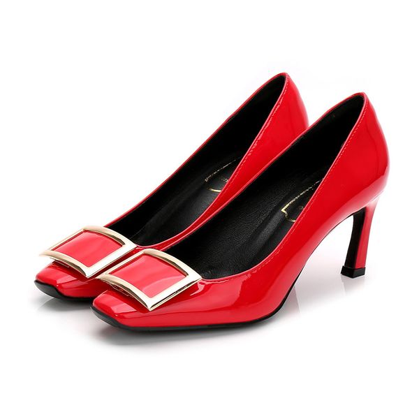 

sandals 2021 luxury brand women square button patent leather red black high heel wedding shoes bridal pumps 35-40 1.5 cm 4.5 9 7tb