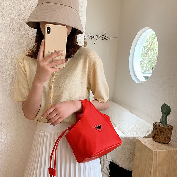 

summer new nylon cloth handbag triangle standard drawstring vegetable basket portable one shoulder women's designer handbags, Brown;gray