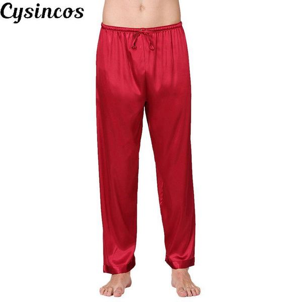 

men's pants cysincos2021 2021 summer satin pajama long bottoms solid color elastic waist full length sleep soft, Black