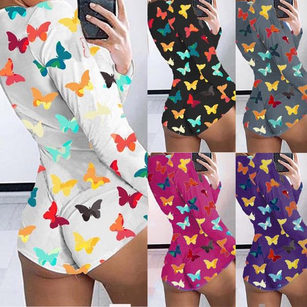 

women's jumpsuits & rompers @ women fashion butterfly printing lounge short romper cotton long sleeve jumpsut female elastic skinny par, Black;white
