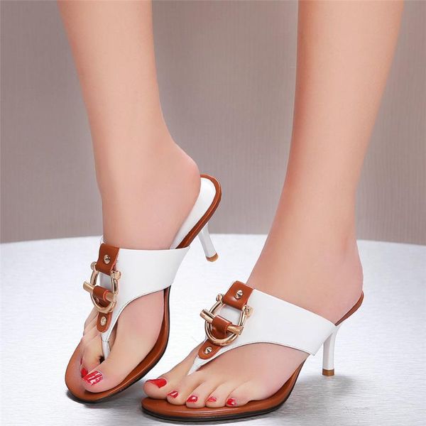 

sandals women genuine leather high heel flip flops female thong roman gladiator summer punk rivets pumps shoes outdoor slippers, Black