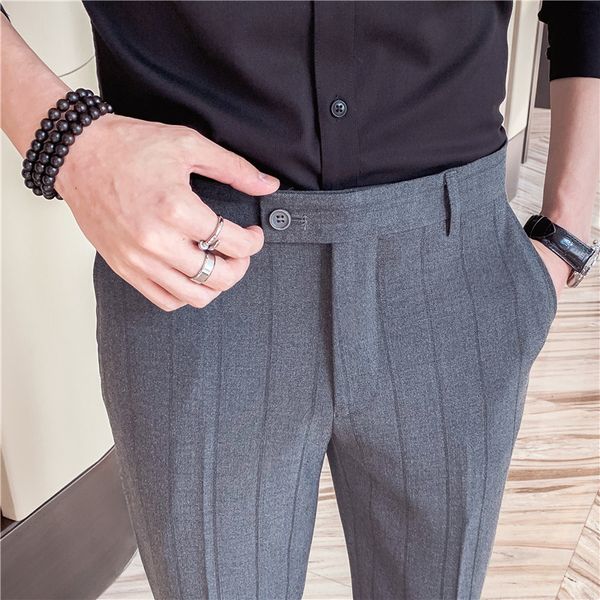 

pants pantalon homme classique fashion 2021 spring formal business wear striped dress of men fit fine office eazd, Black
