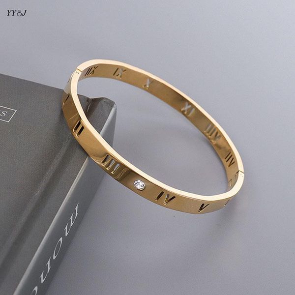 

bangle cut out roman letter zircon stone bangles bracelet for women stainless steel rose gold tarnish wholesale items, Black