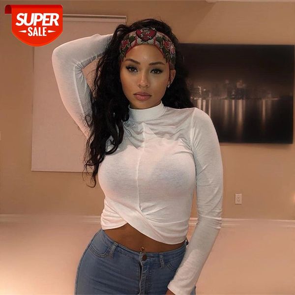 

women spring autumn solid color slim base t-shirt thin see-through long sleeve high collar crop knot hem wild shirt #d155, White