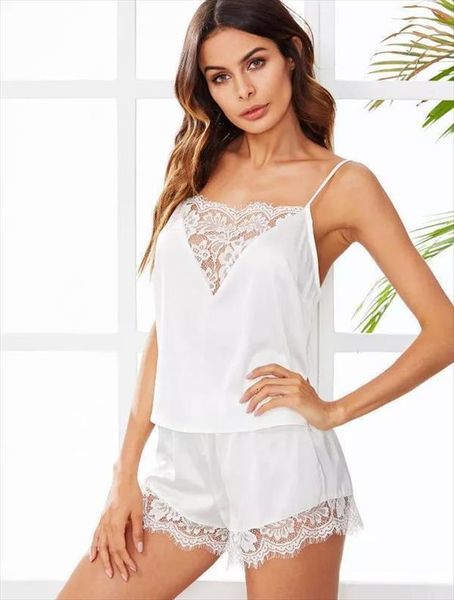 

pajamas set v neck women sleepwear satin nightwear sleeveless spaghetti strap vest camisole shorts home nightgown, Black;red