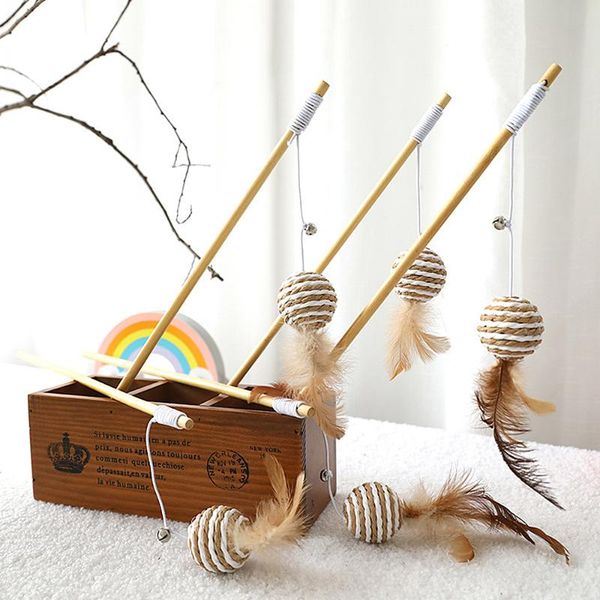 

feather funny cat stick interactive kitten toy linen fresh bells wooden pole catcher teaser toys