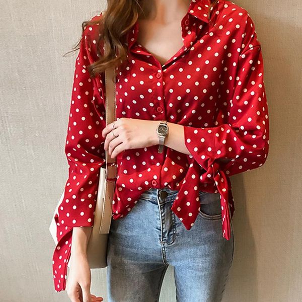 

autumn plus size women blouses casual polka dot shirts female bow long sleeve chiffon blouse women's &, White