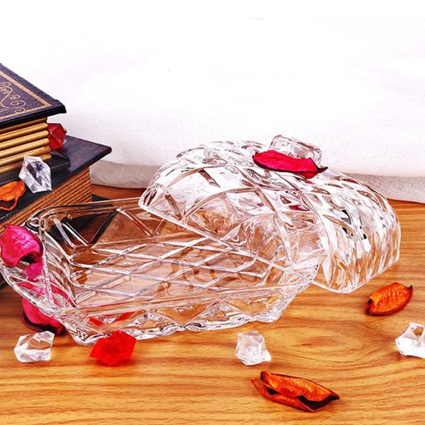 

dishes & plates 1pc embossment glass butter box creative dustproof dish transparent