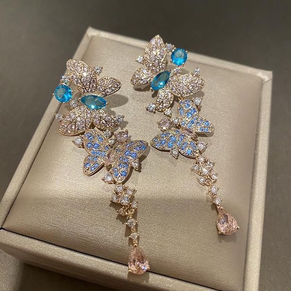 

hoop & huggie bilincolor blue cubic zirconia big butterfly earring for women gift, Golden;silver