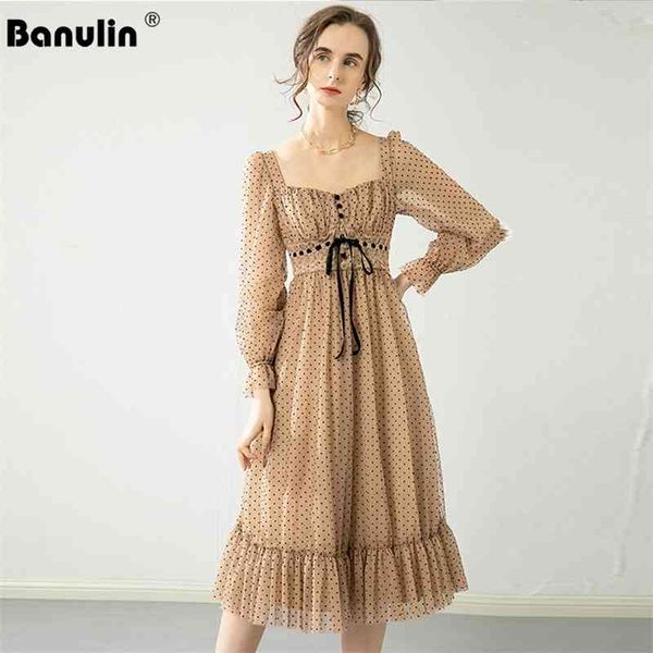 

banulin spring fashion runway dress women flare sleeve sashes bow lace patchwork dot print midi vintage party 210603, Black;gray