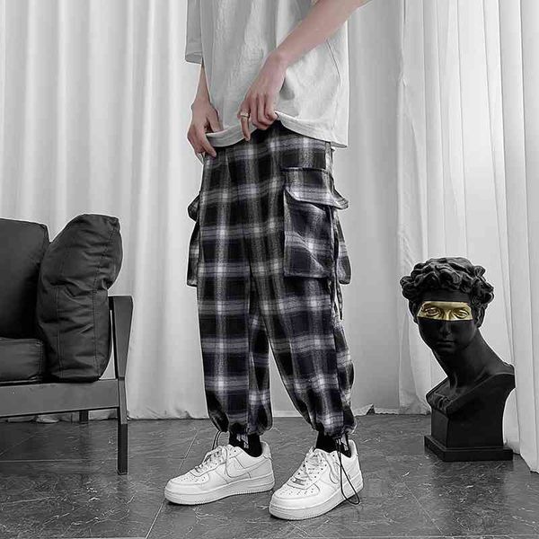 

men's pants plaid fashion casual pocket men trousers streetwear loose hip-hop straight wide-leg mens cargo eymj, Black