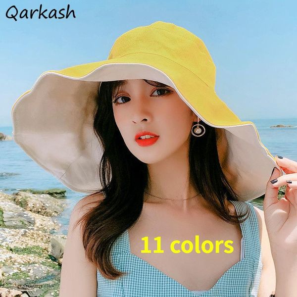 

wide brim hats bucket women sun-proof travel solid double-sided summer basic leisure trendy fishing female 11 colors all-match, Blue;gray