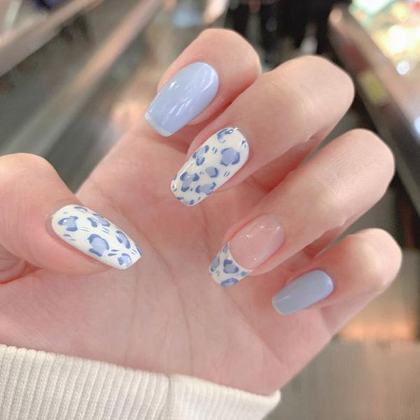 

false nails blue white porcelain coffin fake short ballerina nail tip detachable manicure tool 24pcs/box, Red;gold