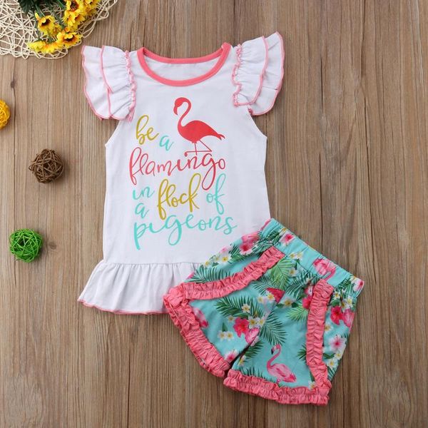 

clothing sets toddler kids girls 2 pieces outfit, flamingo letter print sleeve t-shirt + floral frills shorts set, White