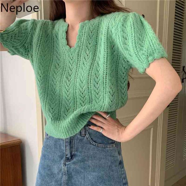 

neploe summer cropped sweater shirts women v neck puff sleeve tshirts woman tees hollow out pullover shirts korean 210422, White