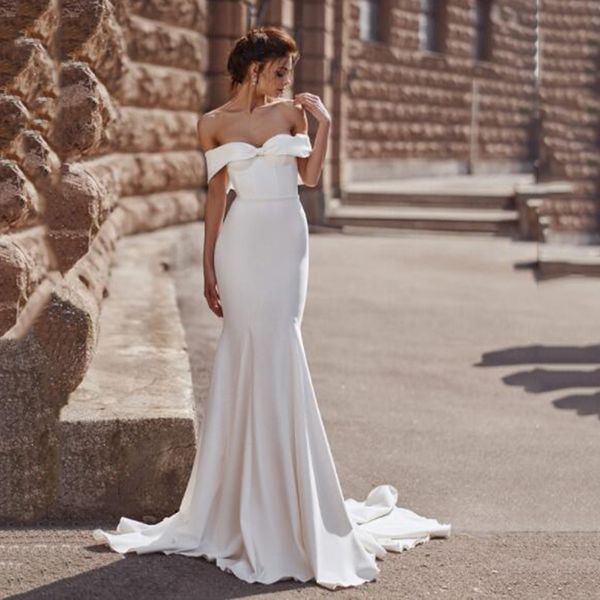 

ivory mermaid satin bridal gown sweetheart off the shoulder short sleeves wedding dresses backless brides dress vestido de noiva, White
