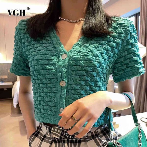 

vgh green casual minimalist shirts for women v neck short sleeve short straight blouses female summer fashion clothing tide 210421, White