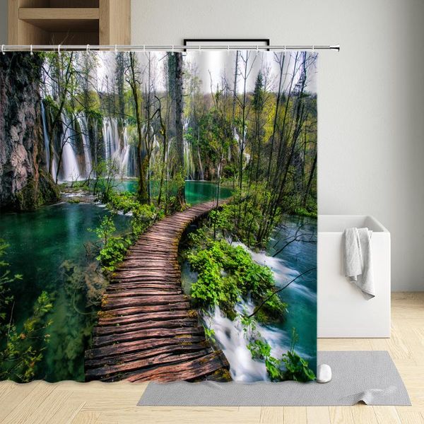 

shower curtains natural scenery waterfall curtain mountain forest bamboo washable cloth bathtub bathroom decor bath screen