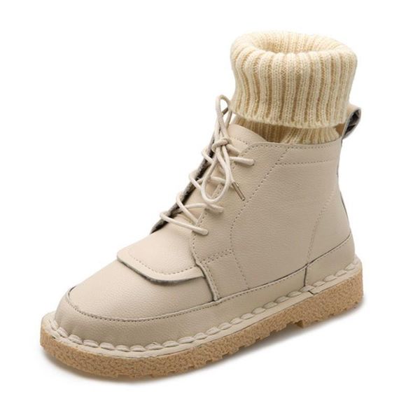 

boots bzbfsky knitted socks shoes women ankle for fashion rubber pu leather warm 35-40, Black
