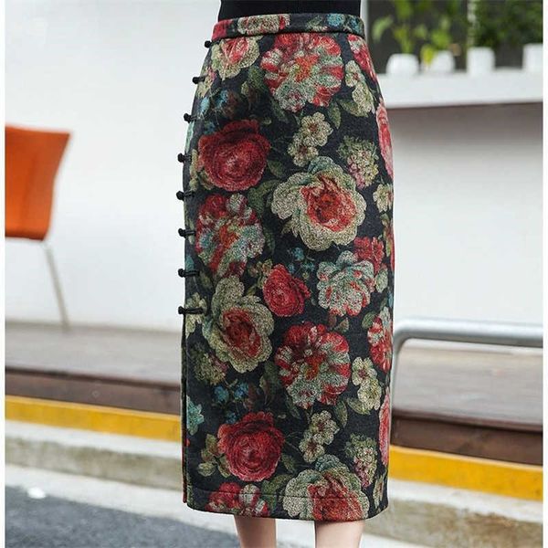Chinês estilo flor lã saias longas para mulheres vintage elegante midi saia feminina cintura alta floral impresso lápis de lã 210619