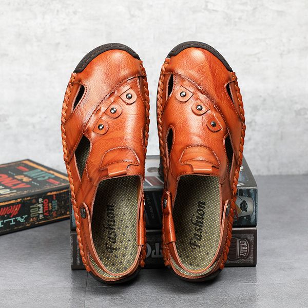 

men's slippers large size sandals summer cowhide baotou dongdong beach shoes soft sole comfortable leather azms, Black