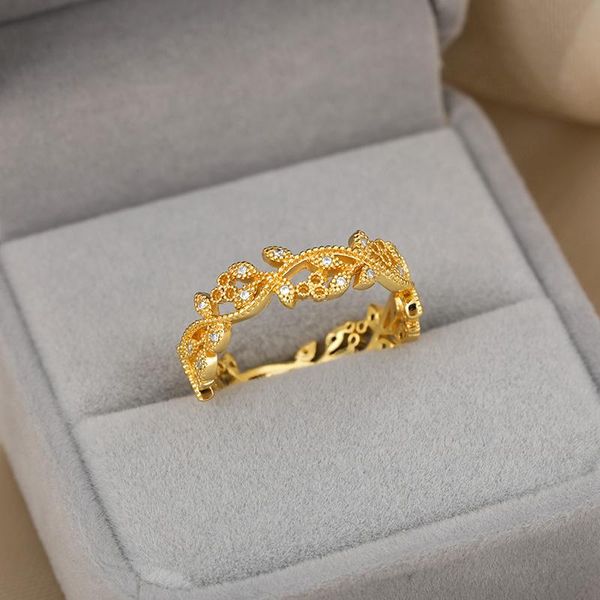 

wedding rings korean crystal leaf for women jewelry gold zirconia finger flower ring friendship gifts bff femme bijoux 2021, Slivery;golden