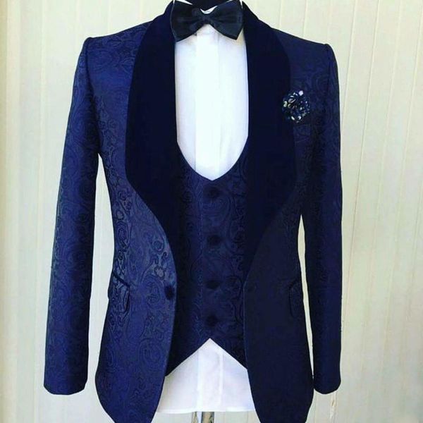 

navy blue jacquard men suits wedding fashion tuxedos velvet shawl lapel groom dinnerdarty blazer (jacket+pant+vest) men's & blazers, White;black