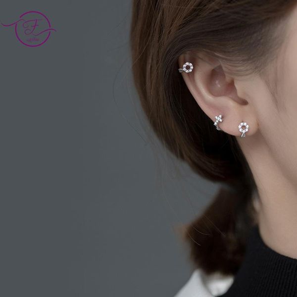 

hoop & huggie s925 sterling silver earrings for women sweet zircon cross hollow round ear jewelry temperament, Golden;silver