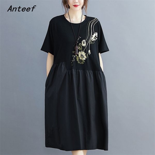 

black cotton plus size vintage floral women casual loose long summer dress elegant clothes ladies dresses sundress 210517, Black;gray