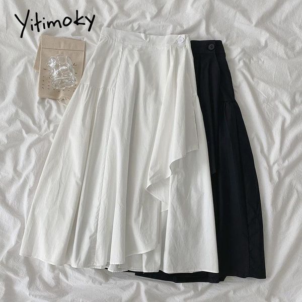 

skirts yitimoky asymmetrical elastic high waist skirt womens 2021 spring a-line black midi office lady korean fashion