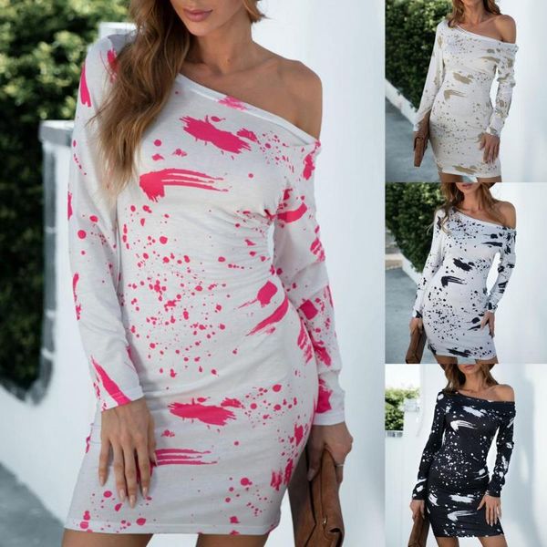 

casual dresses mini dress women 2021 spring elegant splash ink print off shoulder autumn long sleeve slash neck bodycon party, Black;gray