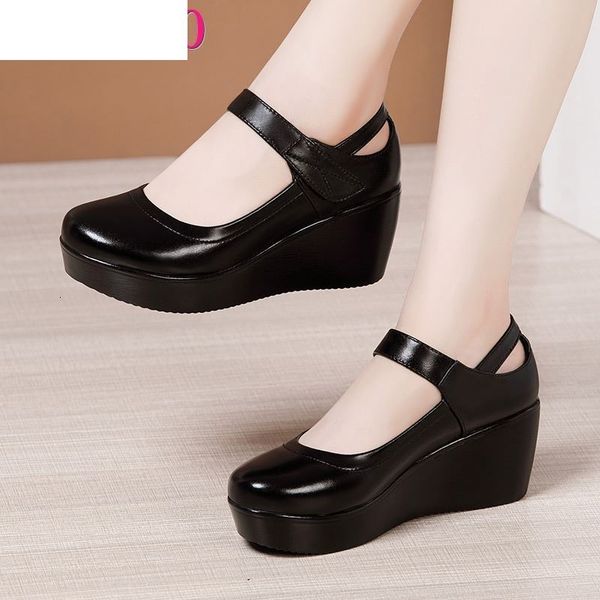 

sandals 2021 spring fashion round toe wedge pumps women shoes mary jane thick bottom leather platform size 43 mdws, Black