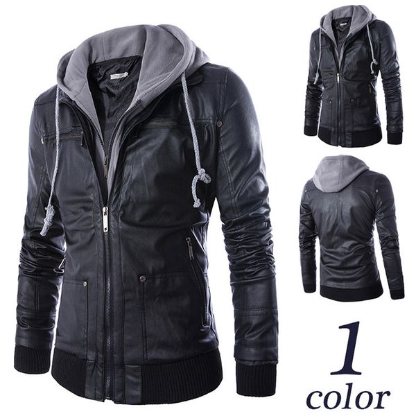 

fashion leather men's slim fit hooded jacket coat short py31, Black