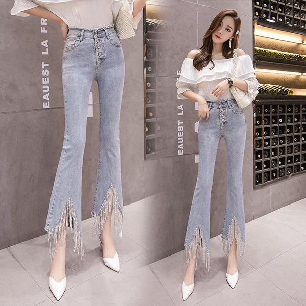 

women's jeans women with diamond chains tassels irregular fur trim horn pants nine-minute trousers single-breasted jeansy damskie, Blue