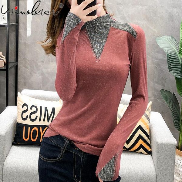 

women's t-shirt 2021 autumn diamond tshirt women fashion casual long sleeve bottoming loose turtleneck korean pullover female t07702b, White